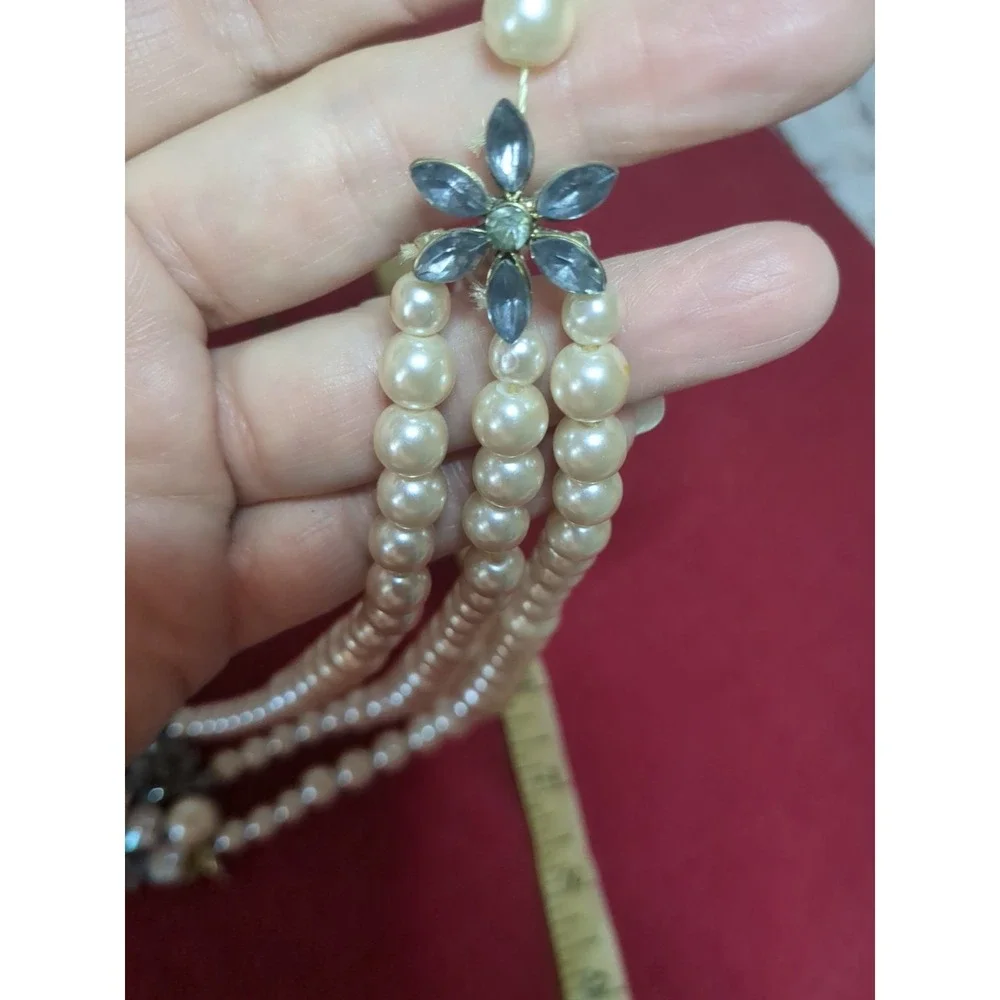 Vintage Faux Pearl And Rhinestone 3‎ Strand Necklace